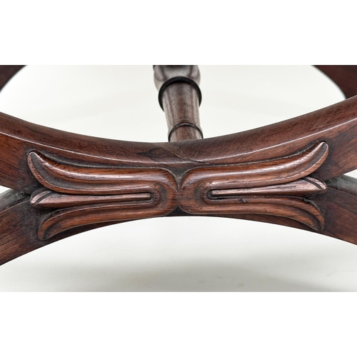 311 - HEARTH STOOL, Regency rosewood with tribal Kelim upholstery and carved 'x' frame support, 52cm x 52c... 