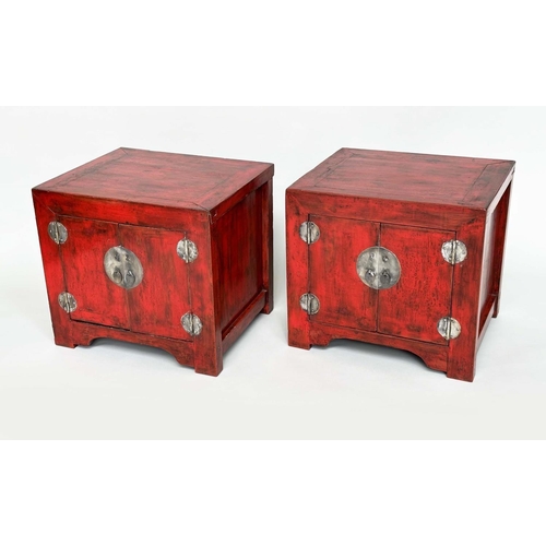 315 - CHINESE CABINETS, a pair, cube form Chinese scarlet lacquered and silvered metal mounted, 60cm x 51c... 