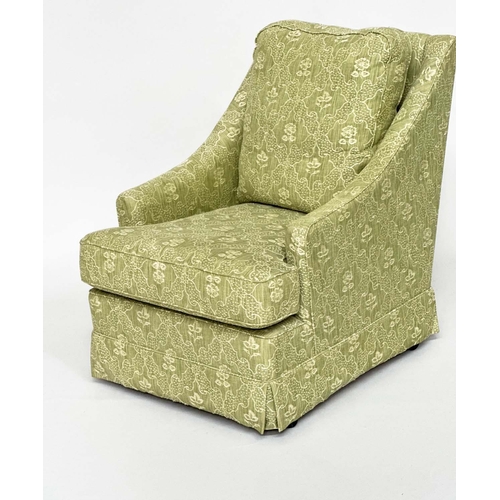 319 - ARMCHAIR, Egerton style with sloping arms and moss green woven upholstery, 66cm W.