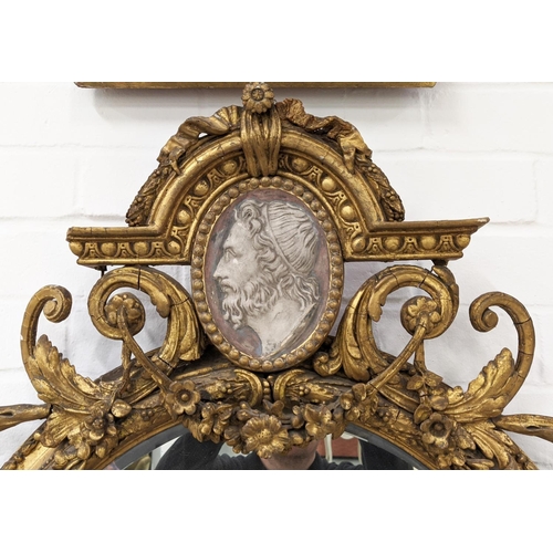 321 - 19th CENTURY FRENCH GILTWOOD AND GESSO GIRANDOLE, with a moulded portrait of Aristotle and three sco... 