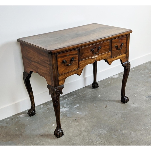 333 - LOWBOY, George II mahogany and walnut with three drawers, 76cm H x 92cm W x 53cm D.