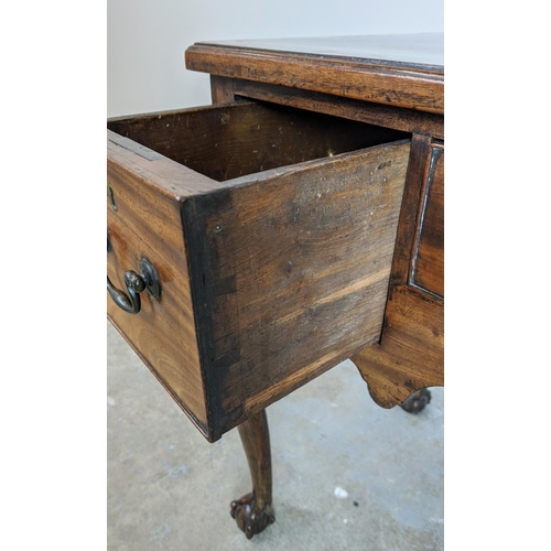 333 - LOWBOY, George II mahogany and walnut with three drawers, 76cm H x 92cm W x 53cm D.