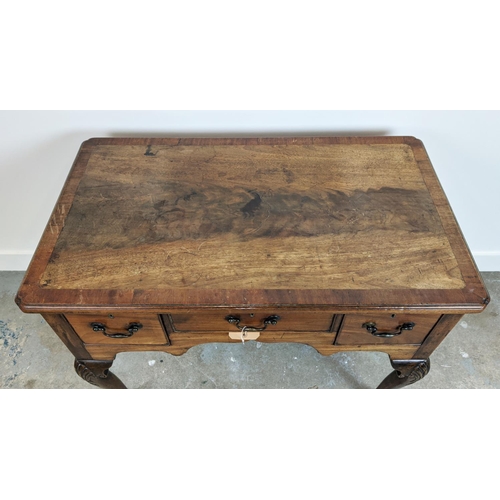 333 - LOWBOY, George II mahogany and walnut with three drawers, 76cm H x 92cm W x 53cm D.