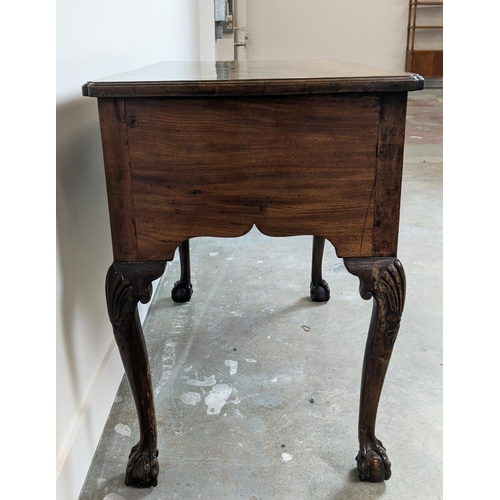 333 - LOWBOY, George II mahogany and walnut with three drawers, 76cm H x 92cm W x 53cm D.