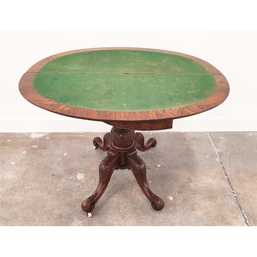 334 - DEMI LUNE CARD TABLE, mid Victorian burr walnut and walnut with green baize and ceramic castors, 73c... 