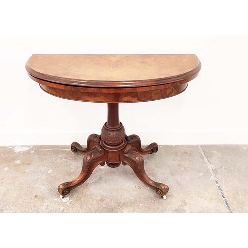 334 - DEMI LUNE CARD TABLE, mid Victorian burr walnut and walnut with green baize and ceramic castors, 73c... 