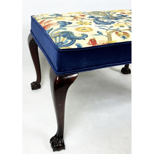 338 - STOOLS, 45cm H x 72cm W x 52cm D, a pair, Georgian style mahogany, each with bird, foliate and blue ... 