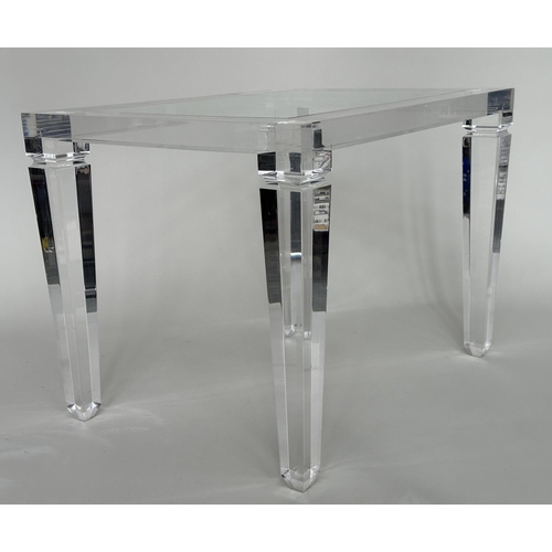 340 - LUCITE LOW TABLE, rectangular lucite framed and glazed with square tapering supports, 80cm W x 60cm ... 