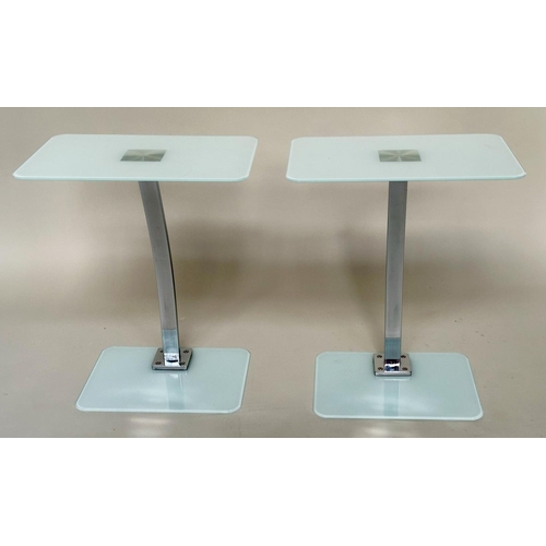 341 - LAMP/OCCASIONAL TABLES, a pair, rectangular frosted glass with shaped chrome centre support, 48cm W ... 