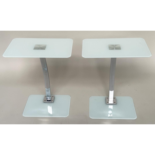 341 - LAMP/OCCASIONAL TABLES, a pair, rectangular frosted glass with shaped chrome centre support, 48cm W ... 