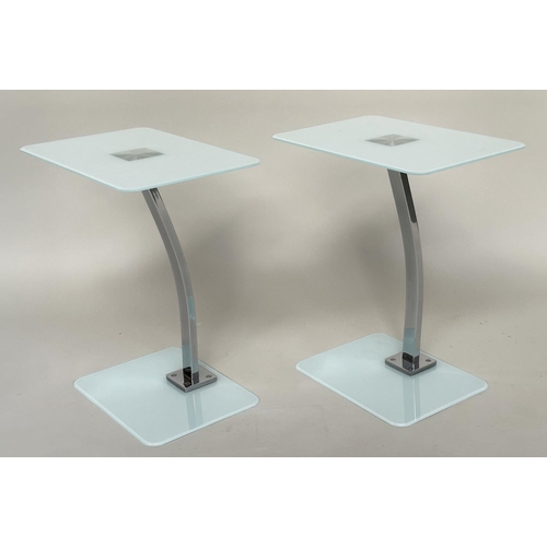 341 - LAMP/OCCASIONAL TABLES, a pair, rectangular frosted glass with shaped chrome centre support, 48cm W ... 