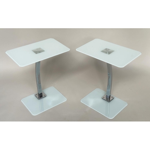 341 - LAMP/OCCASIONAL TABLES, a pair, rectangular frosted glass with shaped chrome centre support, 48cm W ... 