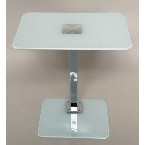 341 - LAMP/OCCASIONAL TABLES, a pair, rectangular frosted glass with shaped chrome centre support, 48cm W ... 