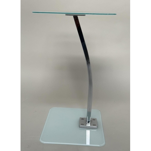 341 - LAMP/OCCASIONAL TABLES, a pair, rectangular frosted glass with shaped chrome centre support, 48cm W ... 