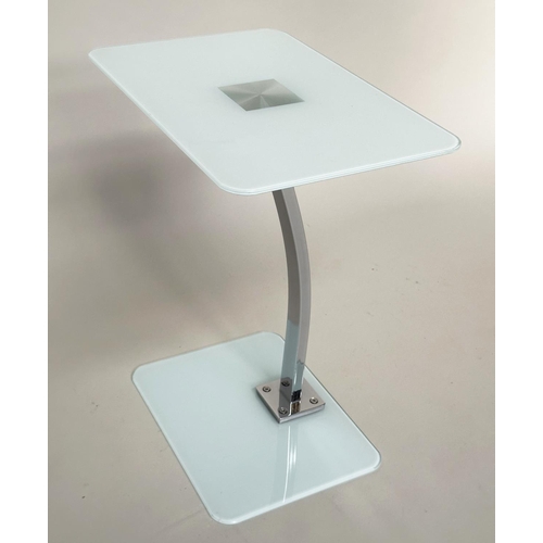 341 - LAMP/OCCASIONAL TABLES, a pair, rectangular frosted glass with shaped chrome centre support, 48cm W ... 