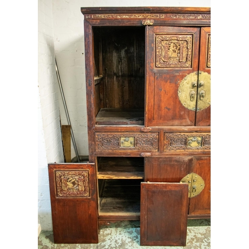 343 - MARRIAGE CABINET, 176cm H x 159cm W x 63cm D, 19th century Chinese lacquered firwood and gilt height... 