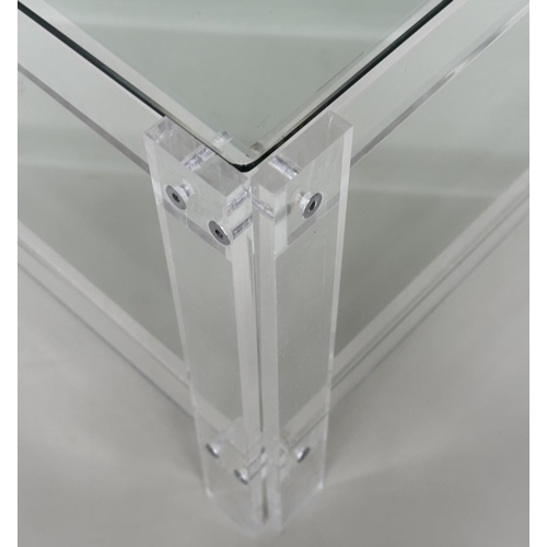 344 - LUCITE LOW TABLE, square glazed raised upon lucite supports with undertier, 90cm x 90cm x 38cm.