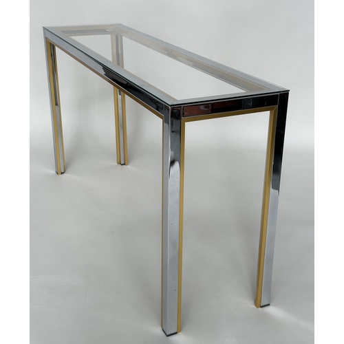 345 - CONSOLE TABLE, 1970s Italian style brass and chrome framed rectangular plate glass, 135cm W x 72cm H... 