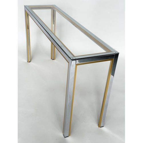 345 - CONSOLE TABLE, 1970s Italian style brass and chrome framed rectangular plate glass, 135cm W x 72cm H... 