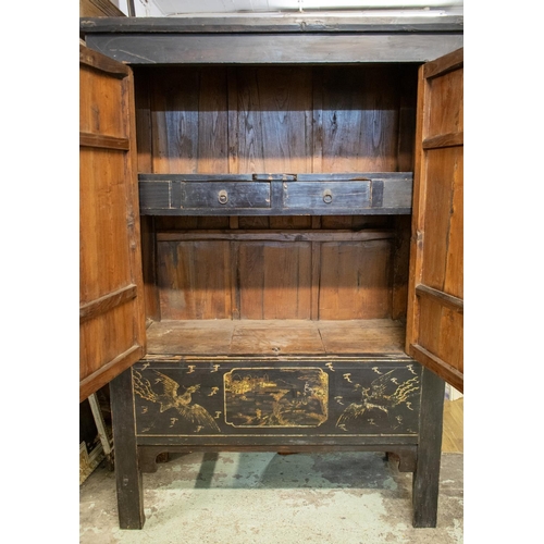 347 - MARRIAGE CABINET, 193cm H x 136cm W x 59cm D, 19th century Chinese black lacquer, elm and gilt decor... 