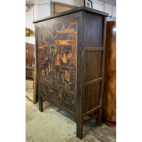 347 - MARRIAGE CABINET, 193cm H x 136cm W x 59cm D, 19th century Chinese black lacquer, elm and gilt decor... 