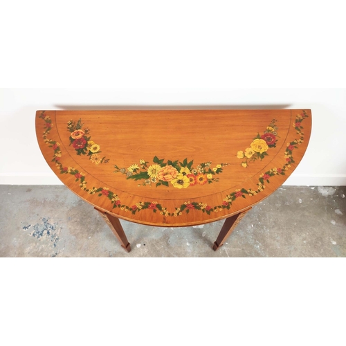 359 - SHERATON STYLE DEMI LUNE SIDE TABLE, late 20th century satinwood and floral painted, 77cm H x 113cm ... 