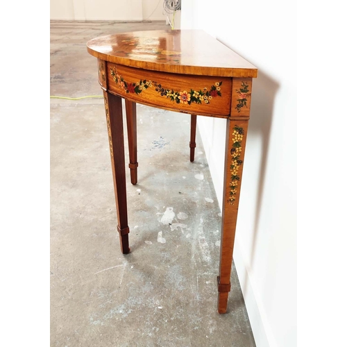 359 - SHERATON STYLE DEMI LUNE SIDE TABLE, late 20th century satinwood and floral painted, 77cm H x 113cm ... 