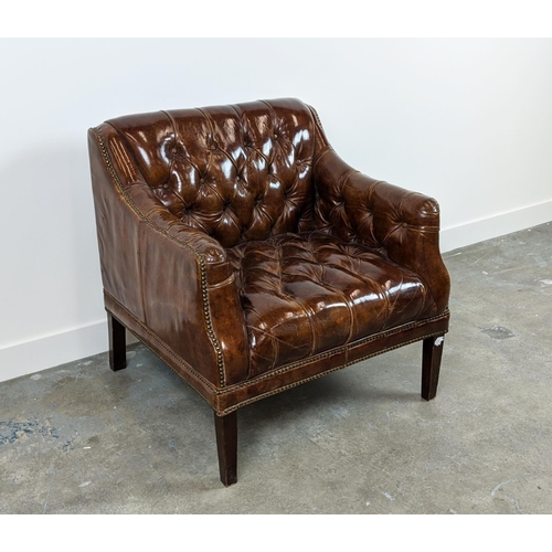 360 - LIBRARY ARMCHAIR, oak in close nailed buttoned brown leather, 5cm H x 80cm W x 79cm D.