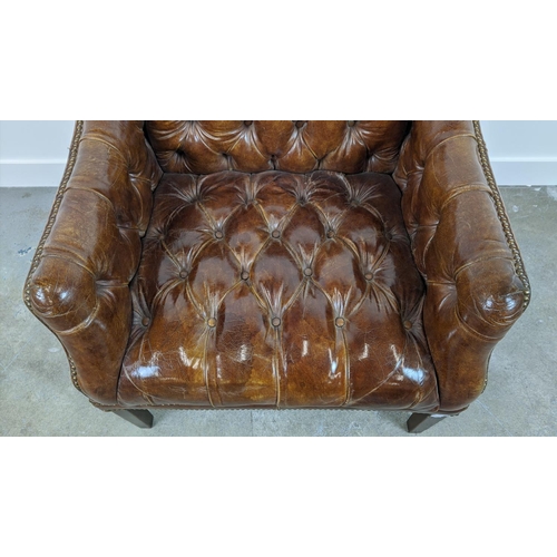 360 - LIBRARY ARMCHAIR, oak in close nailed buttoned brown leather, 5cm H x 80cm W x 79cm D.