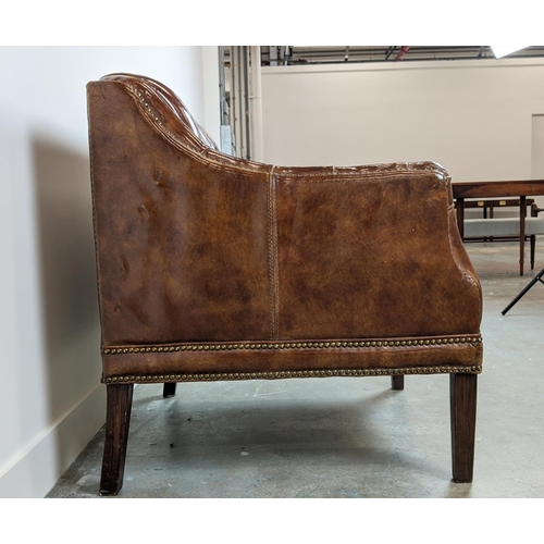 360 - LIBRARY ARMCHAIR, oak in close nailed buttoned brown leather, 5cm H x 80cm W x 79cm D.