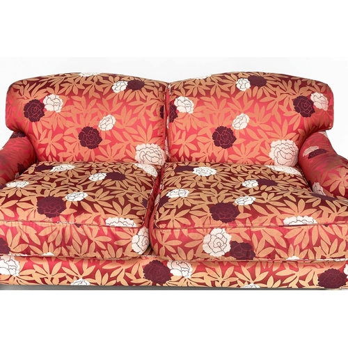 367 - SOFA, Howard style with turned front supports, feather cushions and gold leaf crimson with style uph... 