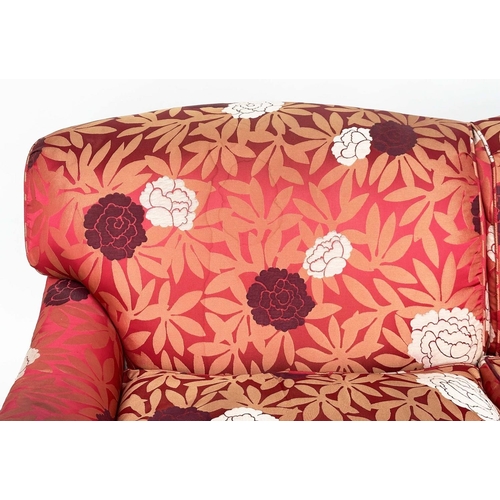 367 - SOFA, Howard style with turned front supports, feather cushions and gold leaf crimson with style uph... 