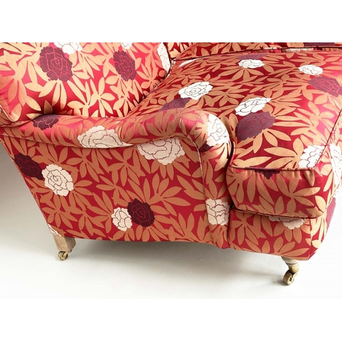 367 - SOFA, Howard style with turned front supports, feather cushions and gold leaf crimson with style uph... 