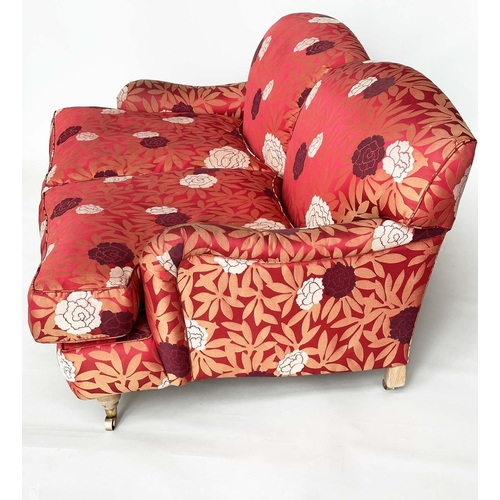 367 - SOFA, Howard style with turned front supports, feather cushions and gold leaf crimson with style uph... 