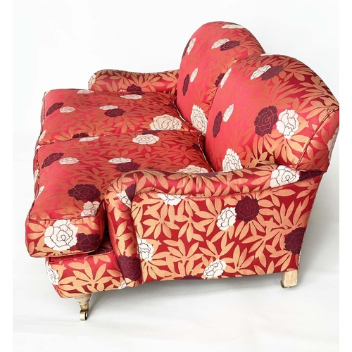 367 - SOFA, Howard style with turned front supports, feather cushions and gold leaf crimson with style uph... 