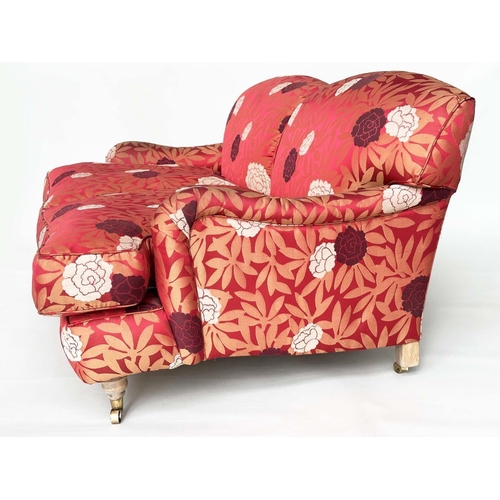 367 - SOFA, Howard style with turned front supports, feather cushions and gold leaf crimson with style uph... 