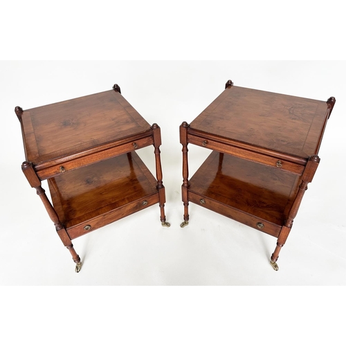 368 - LAMP TABLES, a pair, George III design yewwood and crossbanded each with brushing slide and undertie... 