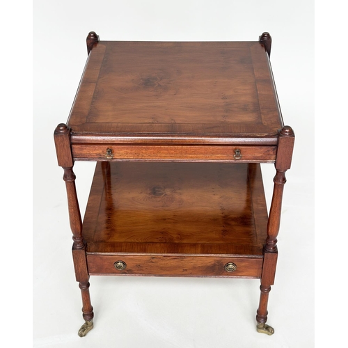 368 - LAMP TABLES, a pair, George III design yewwood and crossbanded each with brushing slide and undertie... 