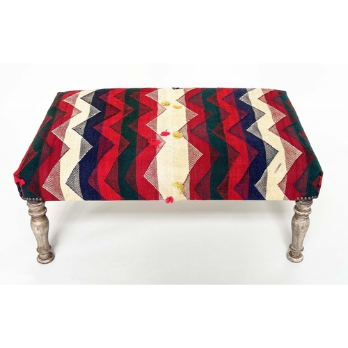 370 - HEARTH STOOL, traditional rectangular with Turkoman Kelim upholstery and turned supports, 94cm x 62c... 