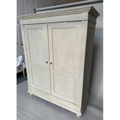 374 - ARMOIRE, 19th century French traditionally grey painted with two panelled doors enclosing hanging sp... 