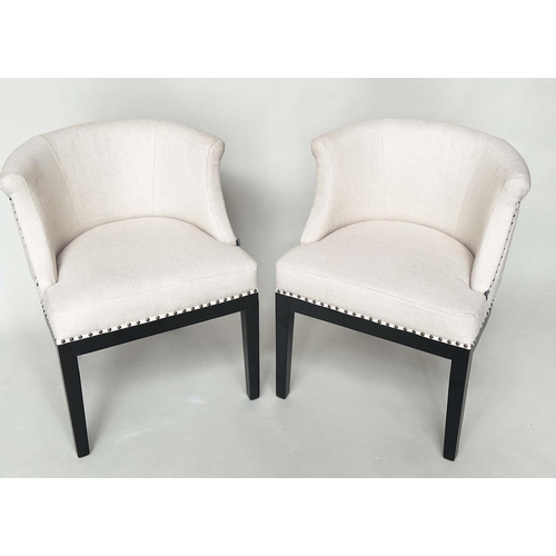 386 - EICHHOLTZ TUB CHAIRS, a pair, studded fabric upholstered and square tapering supports, labelled, 66c... 