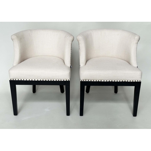 386 - EICHHOLTZ TUB CHAIRS, a pair, studded fabric upholstered and square tapering supports, labelled, 66c... 