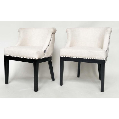 386 - EICHHOLTZ TUB CHAIRS, a pair, studded fabric upholstered and square tapering supports, labelled, 66c... 