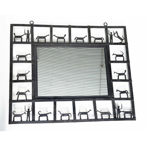 388 - WALL MIRROR BY FREDERICK WEINBERG, rectangular wrought and cut metal, 92cm W x 77cm H.