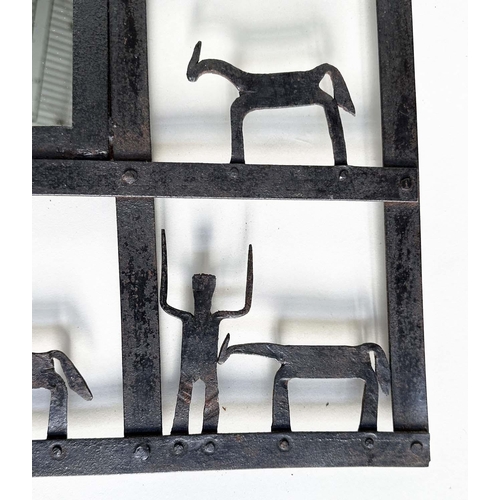 388 - WALL MIRROR BY FREDERICK WEINBERG, rectangular wrought and cut metal, 92cm W x 77cm H.