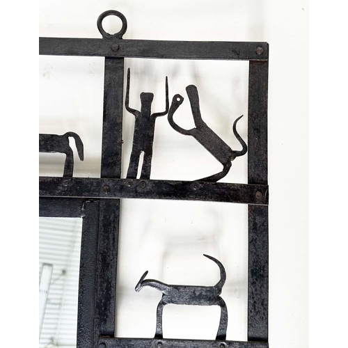 388 - WALL MIRROR BY FREDERICK WEINBERG, rectangular wrought and cut metal, 92cm W x 77cm H.