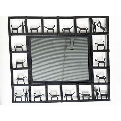 388 - WALL MIRROR BY FREDERICK WEINBERG, rectangular wrought and cut metal, 92cm W x 77cm H.