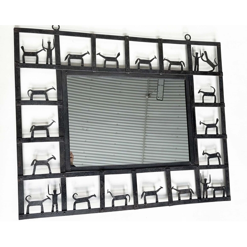 388 - WALL MIRROR BY FREDERICK WEINBERG, rectangular wrought and cut metal, 92cm W x 77cm H.