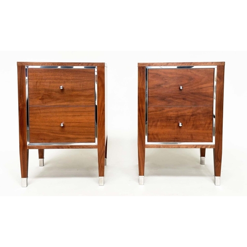 394 - BEDSIDE CHESTS, a pair, figured walnut and chromium bound each with two drawers, 45cm x 44cm x 65cm ... 