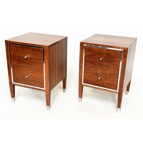 394 - BEDSIDE CHESTS, a pair, figured walnut and chromium bound each with two drawers, 45cm x 44cm x 65cm ... 